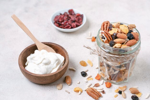 Close-up breakfast with yogurt and nuts