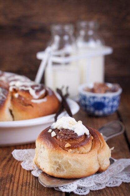 Close-up of brioche with cream