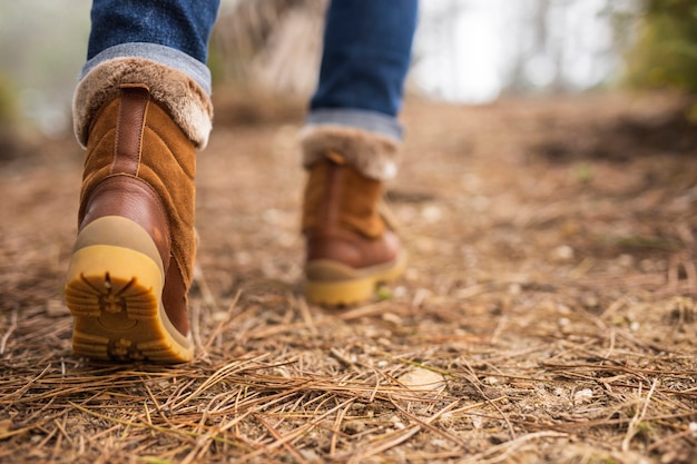 Close-up brown boots in nature