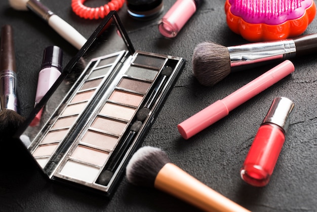 Close-up brushes near cosmetics