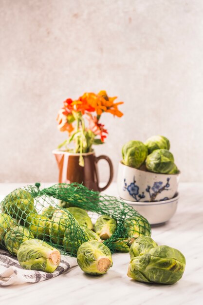 Close-up of brussels sprouts on marble tabletop