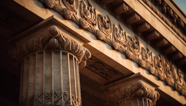 Free photo a close up of a building with columns and a roof with the words'the word love'on it