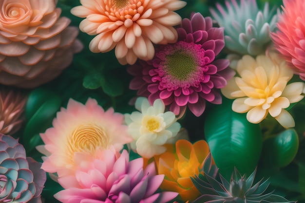 A close up of a bunch of colorful flowers
