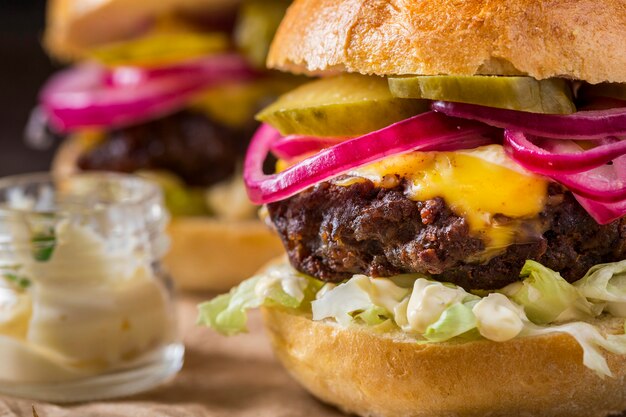 Close-up burgers with pickles