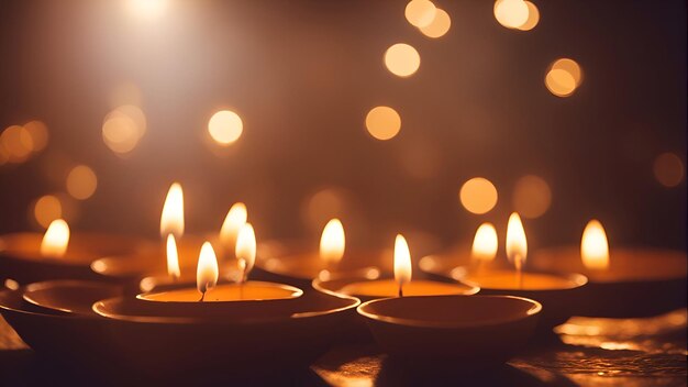 Close up of burning candles on dark background with bokeh effect