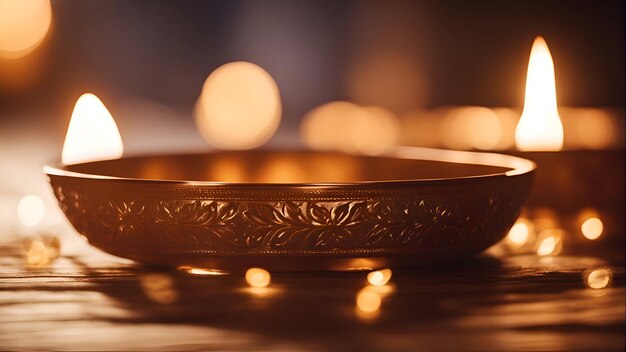 Free photo close up of burning diya on wooden surface with bokeh background