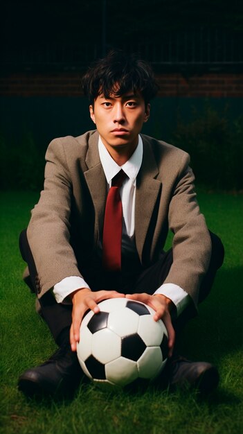 Close up business man holding soccer ball