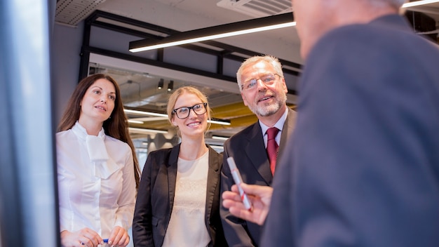 Free photo close-up of businessman explaining business strategy to his colleagues