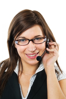 Close-up of businesswoman using a headset