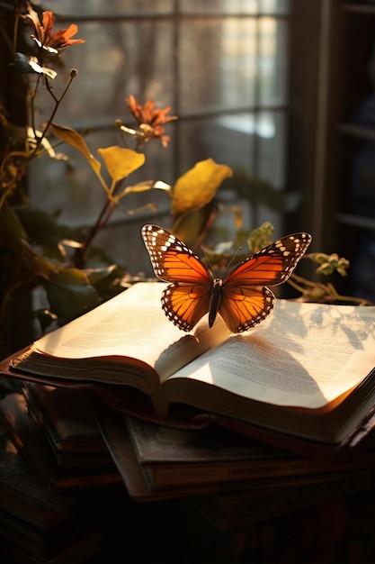 Free photo close up on  butterfly near book