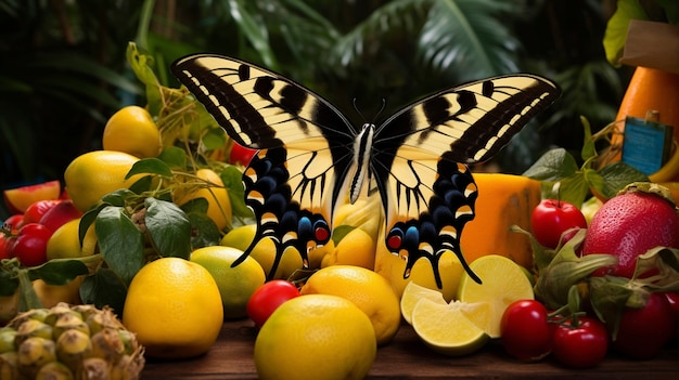 Близкий взгляд на бабочку возле фруктов