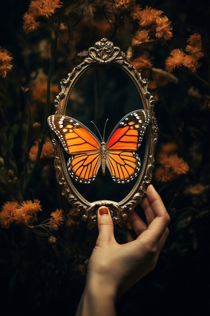 Близкий взгляд на бабочку возле зеркала