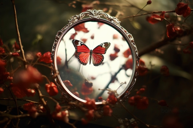 Free photo close up on butterfly near mirror