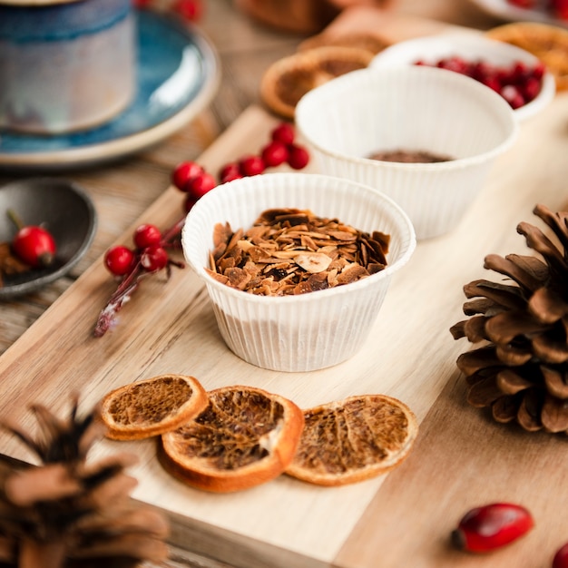 Free photo close-up of cake topping decorations with dried citrus