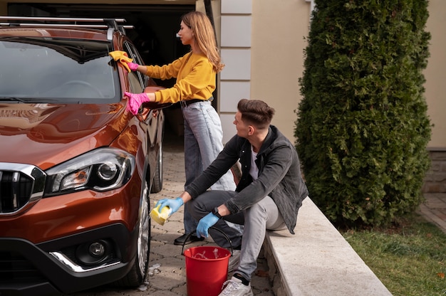 Close up on car care process