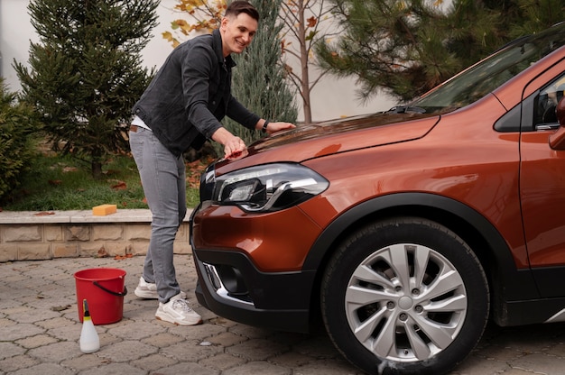 Close up on car care process