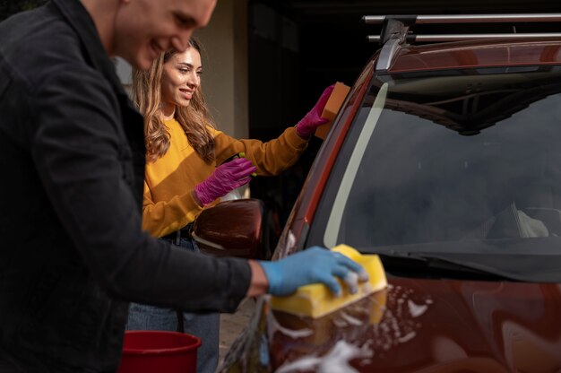 Close up on car care process