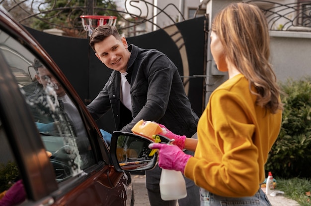 Close up on car care process