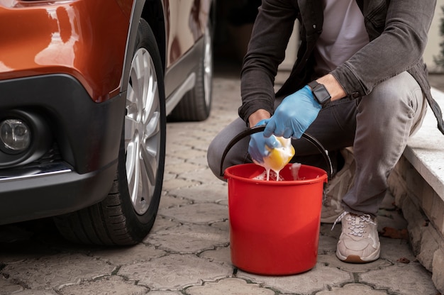 Close up on car care process