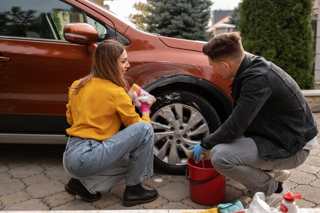 Close up on car care process