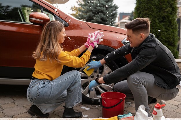 Close up on car care process