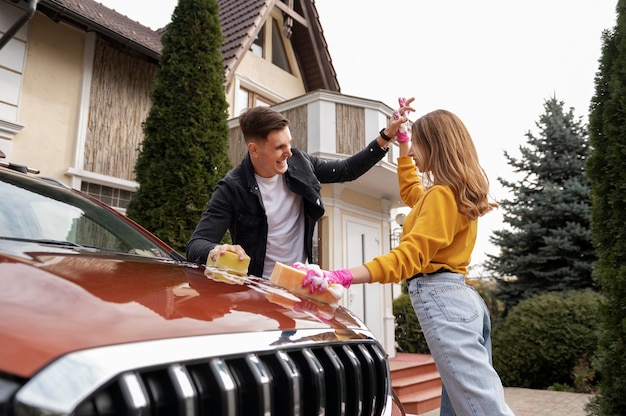 Close up on car care process