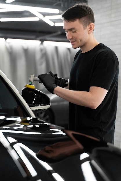 Close up on car care process