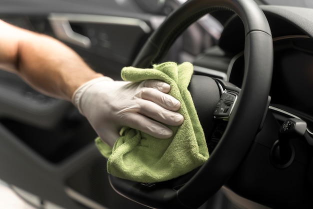 Close up on car care process