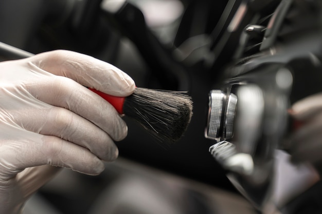 Close up on car care process