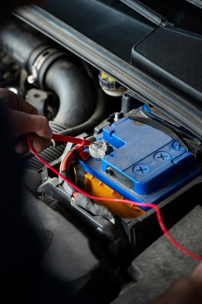 Close-up of car engine in the repair shop