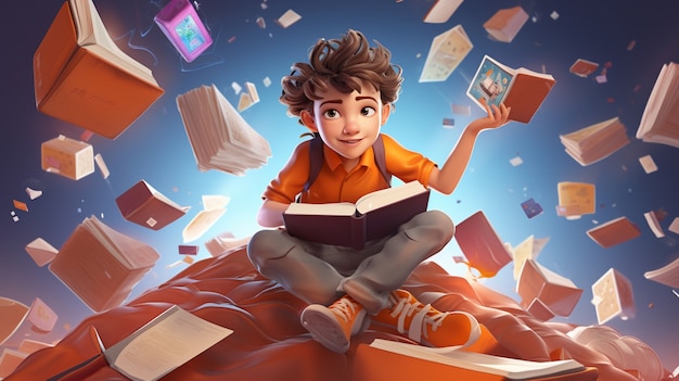 Free photo close up on cartoon character boy reading