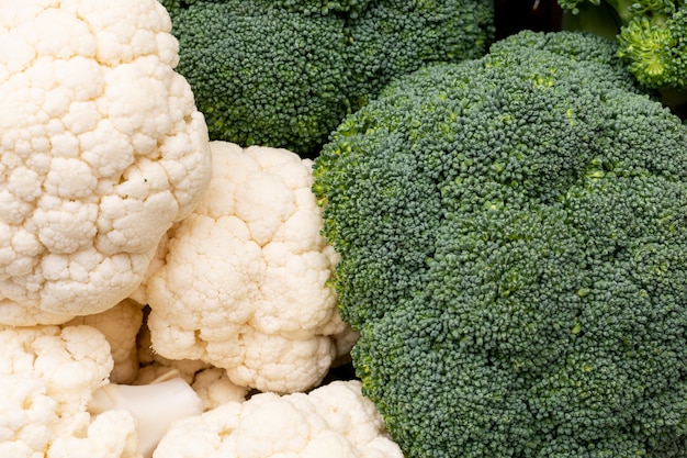 close up cauliflower and broccoli fresh vegetables