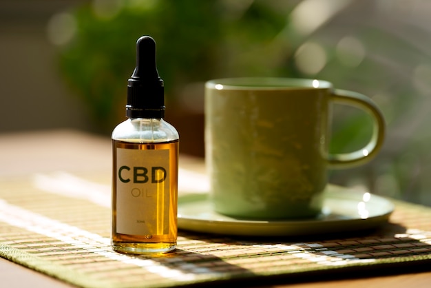 Close up on cbd oil bottle