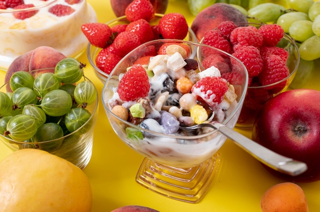 Close up cereal breakfast and fresh fruits arrangement