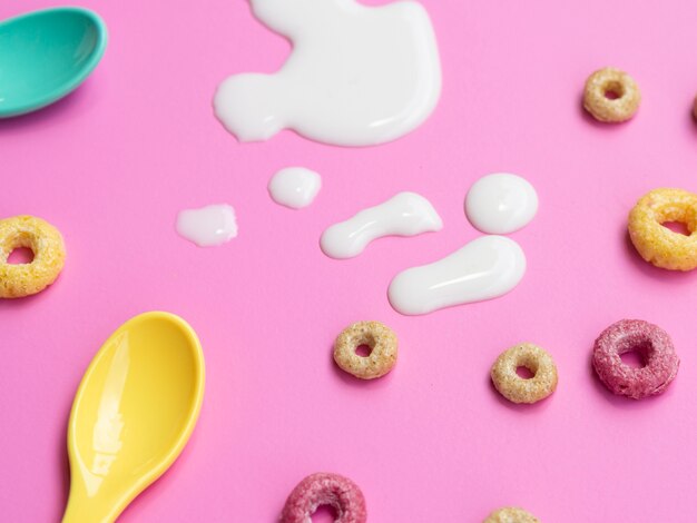 Close-up cereals with a drop of milk