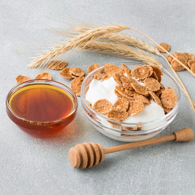 Free photo close-up cereals with honey