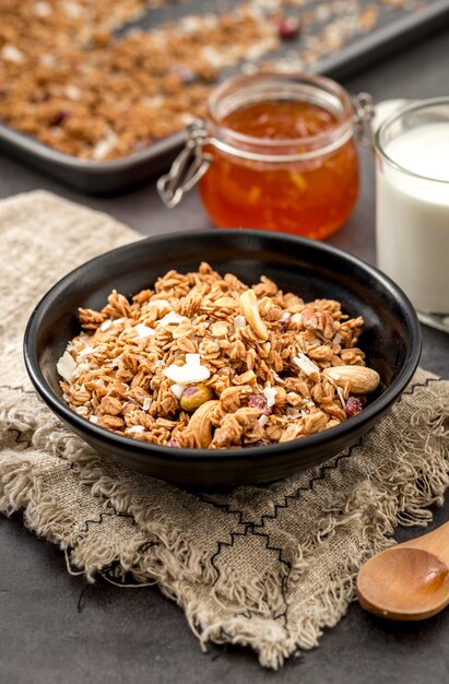 Close-up cereals with milk ready to be served