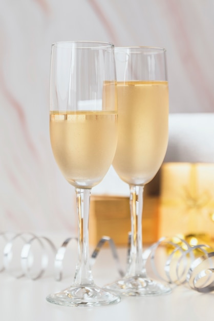 Close-up champagne glasses on the table