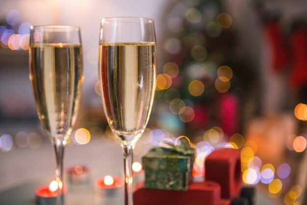 Close-up of champagne glasses with blurred background