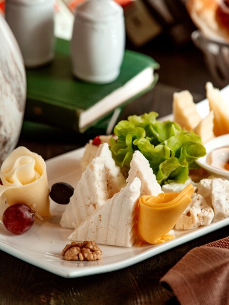 Close up of cheese plate with cheddar white cheese goat cheese grape and nuts