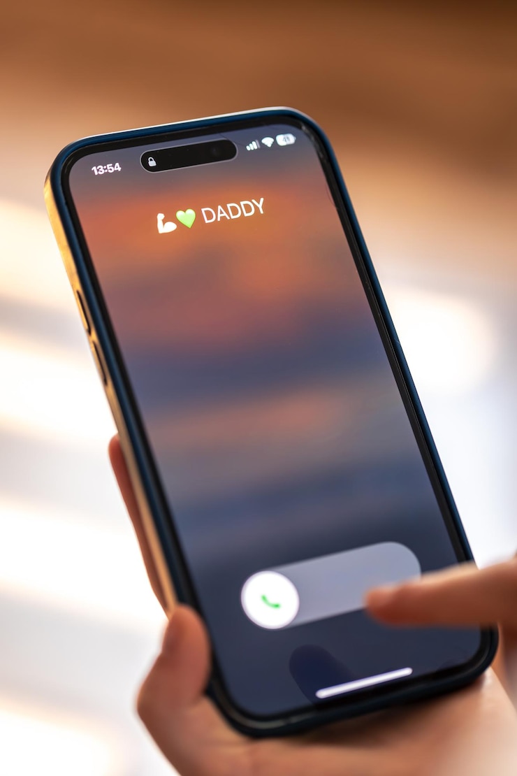Free Photo close up of child hands holding phone with dads incoming call on display