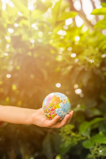 日光の下で緑の植物の前に地球のボールを持っている子供の手のクローズアップ