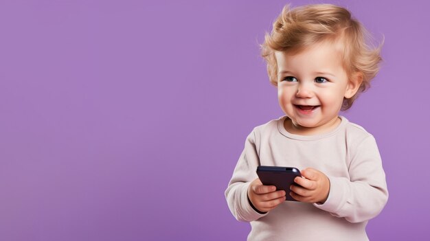 Близкий взгляд на ребенка с помощью смарт-устройства на фиолетовом фоне