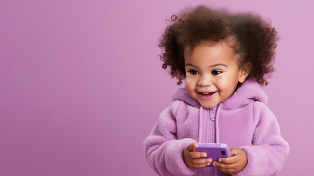 Close up on child using smart device on purple background