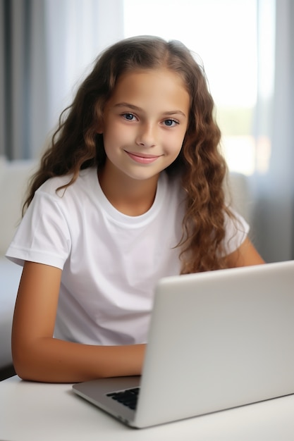 Close up on child using smart laptop