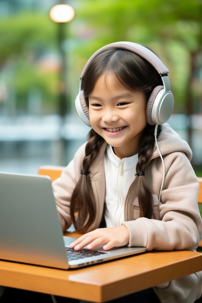 Close up on child using smart laptop