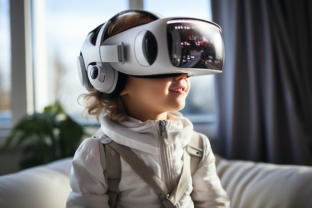 Prossimo piano del bambino che usa gli occhiali smart vr