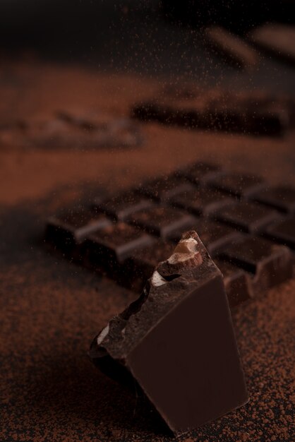 Close up of chocolate bar crashed into pieces