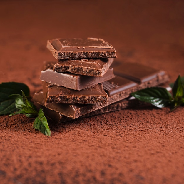 Закройте вверх плитки шоколада на какао-порошок