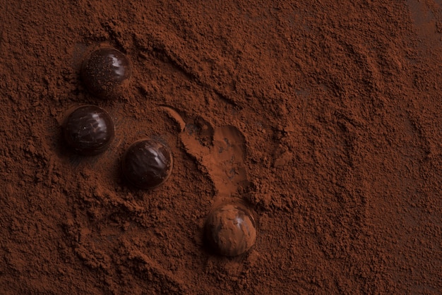 Close-up of chocolate candies over chocolate powder